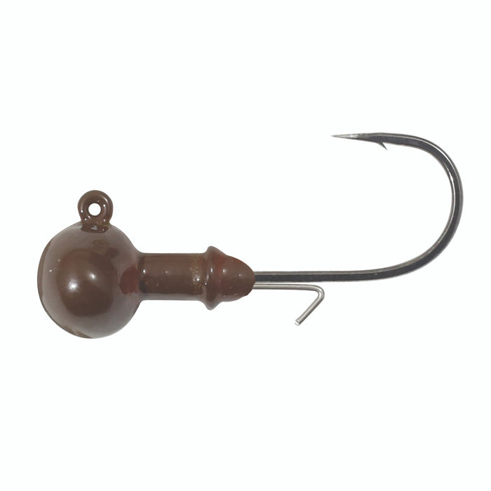 Northland Finesse Football Jig featuring a brown rounded head with a sturdy sharp hook and an integrated wire keeper designed for secure fishing lure attachment.