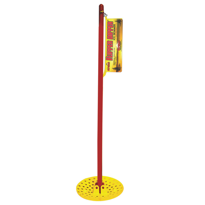 Northland Flipper Dipper with a long red handle and a round yellow perforated scoop, designed for efficient fishing tackle use and musky fishing.