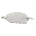 White fishing lure with a detailed fish-shaped head and a fluffy feathered tail, designed as the Northland Manitoba Mullet for musky fishing tackle.