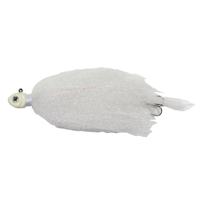 White fishing lure with a detailed fish-shaped head and a fluffy feathered tail, designed as the Northland Manitoba Mullet for musky fishing tackle.