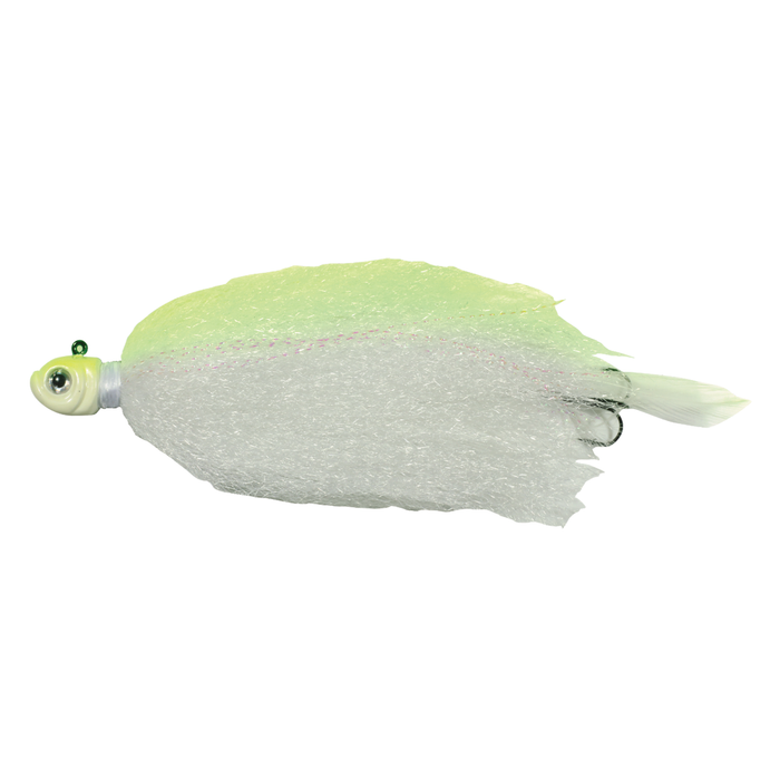 Northland Manitoba Mullet fishing lure featuring a detailed fish-shaped head with green eyes and a soft, layered white and pale green body designed for effective fishing tackle use.