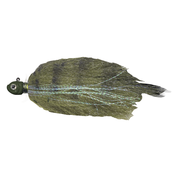 Northland Manitoba Mullet fishing lure featuring olive and dark green synthetic fibers with shimmering blue strands, designed for effective musky fishing tackle use.