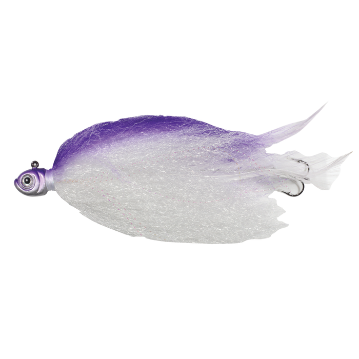 Northland Manitoba Mullet fishing lure with a purple and white soft plastic body, detailed head, and dual hooks designed for musky fishing.