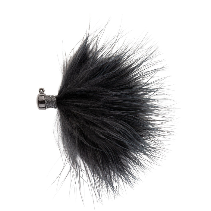 Close-up of a Northland Marabou Jig featuring a dense, fluffy black marabou feather skirt attached to a metallic weighted head, designed for effective fishing lure action.