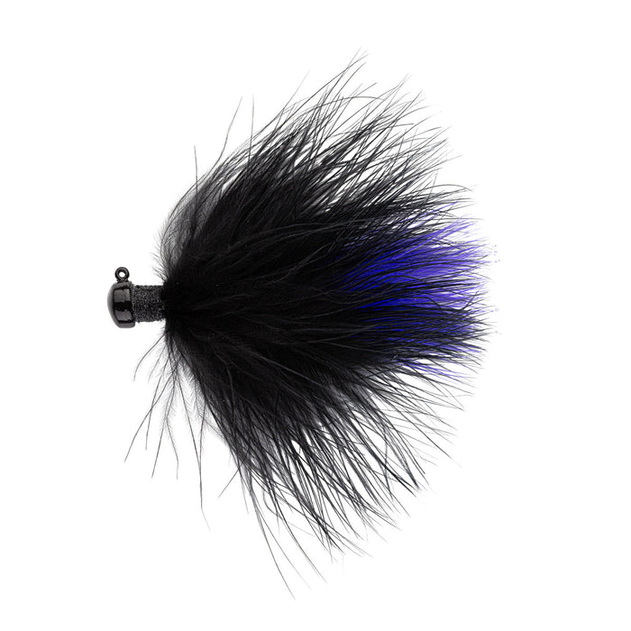 Northland Marabou Jig featuring a black and deep blue feathered body with a weighted metallic head, designed for effective fishing tackle use.