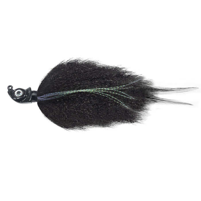 Black fishing lure with a shiny green and blue tinsel accent, designed as the Northland Minnesota Mullet for musky fishing and fishing tackle.