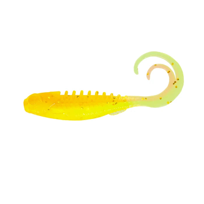 Soft plastic fishing lure in yellow and pale green with a curled tail and ribbed body, designed as the Northland Pan-Candy Grub for effective fishing tackle use.