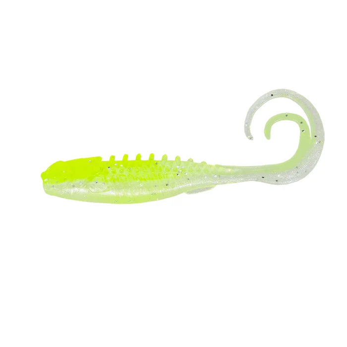 Soft plastic fishing lure in translucent chartreuse with black flecks, featuring a ribbed body and curled tail, designed for fishing tackle called Northland Pan-Candy Grub.
