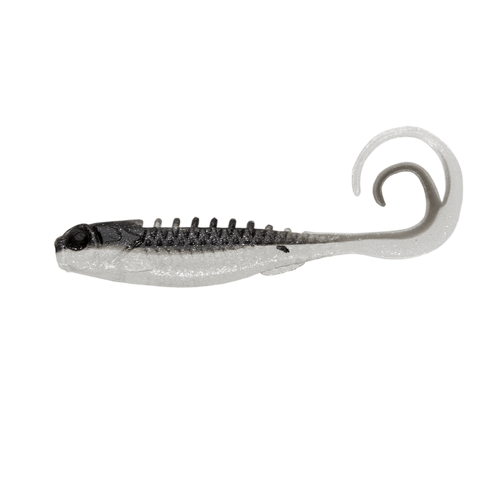 Northland Pan-Candy Grub fishing lure featuring a soft, segmented body with a curled tail in translucent white and dark gray, designed for effective fishing tackle use.