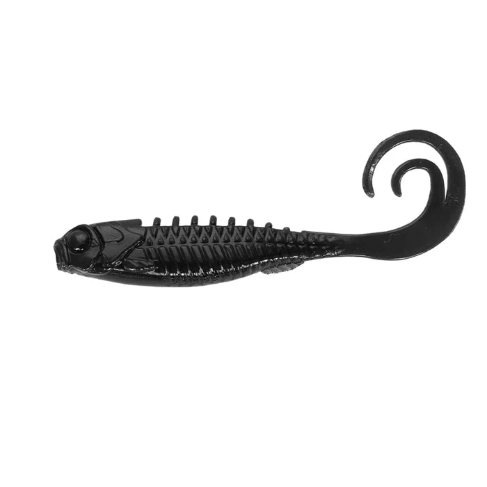 Black soft plastic fishing lure with textured rib body and curled tail, designed for freshwater fishing, the Northland Pan-Candy Grub.