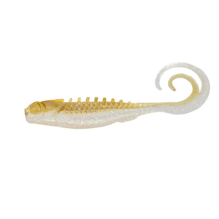 Soft plastic fishing lure in shimmering gold and pearl colors with a ribbed body and curled tail, designed as the Northland Pan-Candy Grub for fishing tackle use.