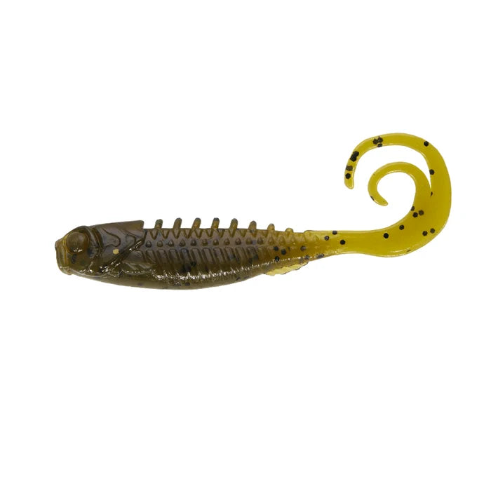 Soft plastic fishing lure in brown and yellow with black speckles, ribbed body and curled tail designed for musky fishing, Northland Pan-Candy Grub.