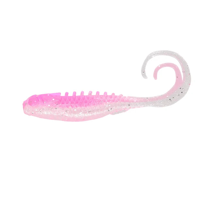 Northland Pan-Candy Grub soft plastic fishing lure in pink and white with a curly tail and ribbed body designed for attracting fish.
