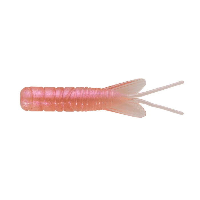 Northland Pan-Candy Larvae Bug fishing lure in translucent pink with segmented body and dual tail strands, designed for effective fishing tackle use.