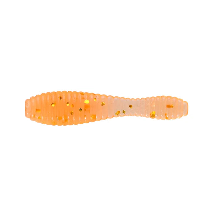 Soft plastic fishing lure in translucent orange with gold flakes, ribbed body and tapered tail, designed as Northland Pan-Candy Leech for fishing tackle use.