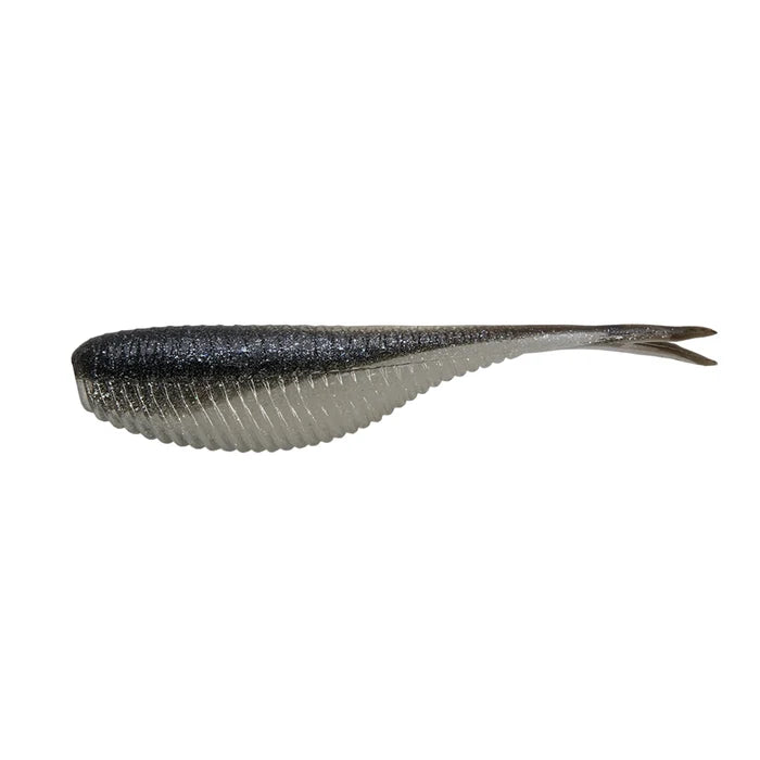 Northland Pan-Candy Minnow fishing lure in black and silver with a textured body and paddle tail, designed for attracting musky and freshwater fish.
