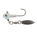 Northland Smeltinator Underspin Jig with a pearlescent white head, sharp single hook, and attached shiny silver spinner blade designed for fishing tackle use.