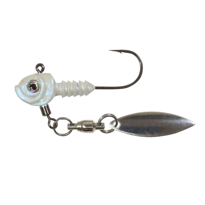 Northland Smeltinator Underspin Jig with a pearlescent white head, sharp single hook, and attached shiny silver spinner blade designed for fishing tackle use.