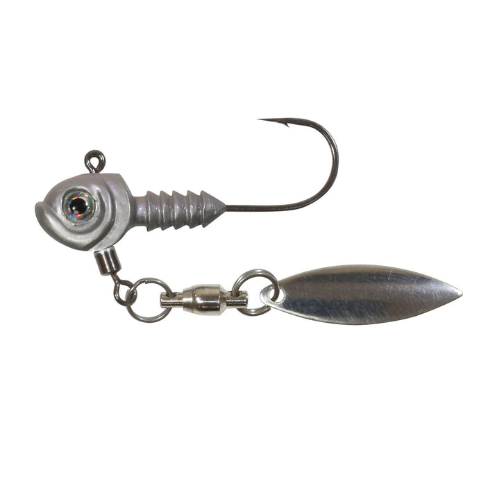 Northland Smeltinator Underspin Jig with a silver fish-shaped head, a large reflective eye, a sharp single hook, and a shiny spinning blade attached by a swivel for fishing tackle use.