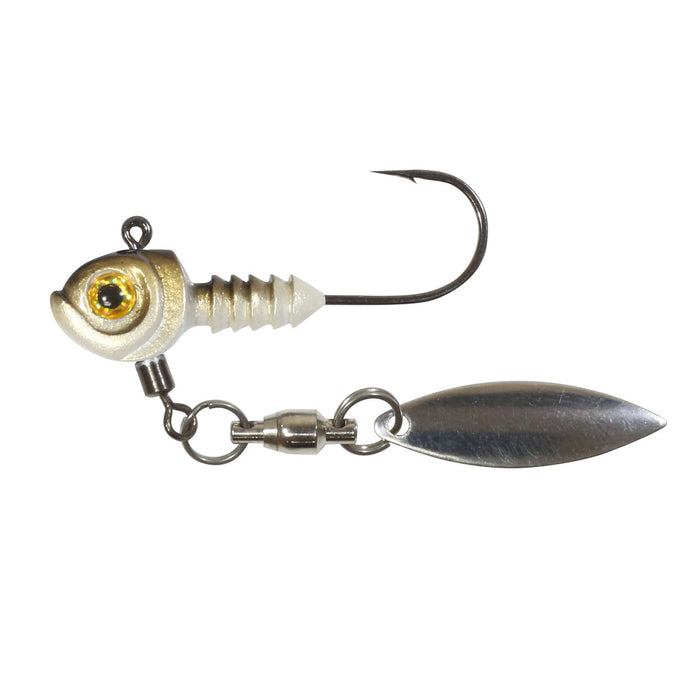 Northland Smeltinator Underspin Jig featuring a detailed fish head design with a single sharp hook and a spinning metal blade for enhanced fishing lure action.