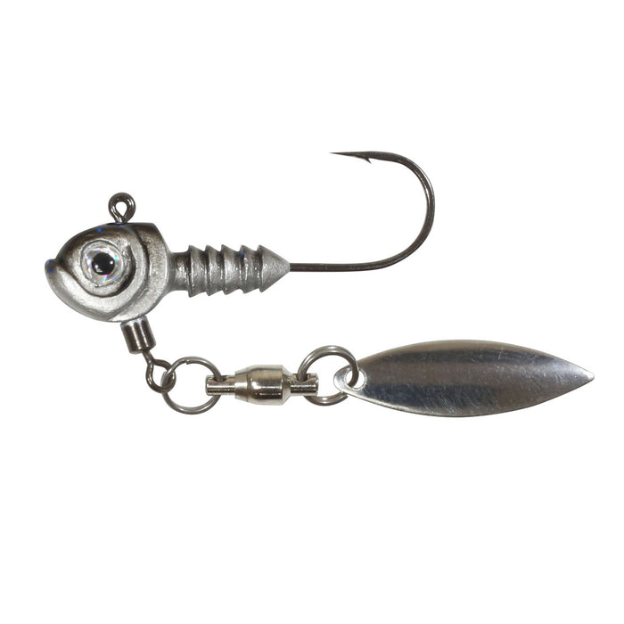 Northland Smeltinator Underspin Jig fishing lure with a silver fish-shaped head, single sharp hook, ribbed body, and a reflective spinning blade designed for effective fishing tackle use.