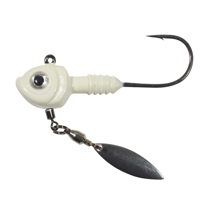 Northland Smeltinator Underspin Jig featuring a white fish-shaped head with a large eye, textured body detail, sharp black hook, and attached silver spinner blade for fishing tackle.