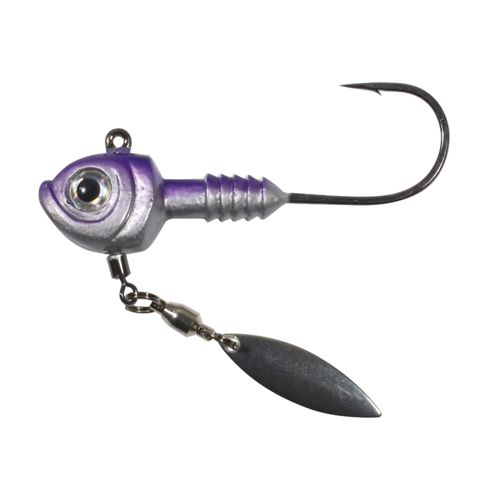 Northland Smeltinator Underspin Jig in metallic purple and silver with detailed fish head design, single sharp hook, and a spinning blade for fishing tackle use.