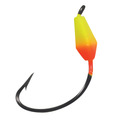 Yellow and orange Northland Tungsten Bobber Jig with a sharp curved black fishing hook designed for fishing tackle use.