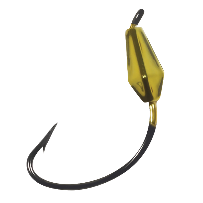 Northland Tungsten Bobber Jig with gold-colored tungsten weight and sharp single black fishing hook designed for precision fishing tackle use.