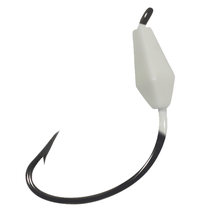 Northland Tungsten Bobber Jig featuring a sharp black fishing hook with a white, angular tungsten bobber designed for precise and effective fishing tackle use.