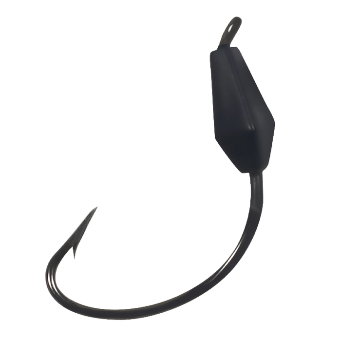 Close-up of a black Northland Tungsten Bobber Jig featuring a sharp curved hook and a dense tungsten head designed for effective fishing tackle use.