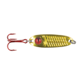 Northland Tungsten Forage Minnow Spoon with a textured gold-colored metal body, red eye detail, and a sharp red treble hook for fishing tackle enthusiasts.