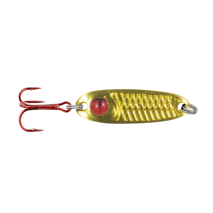 Northland Tungsten Forage Minnow Spoon with a textured gold-colored metal body, red eye detail, and a sharp red treble hook for fishing tackle enthusiasts.