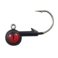 Northland Tungsten Short Shank Jig with a black round head featuring a red eye design and a sharp silver hook, ideal for fishing tackle and lure applications.