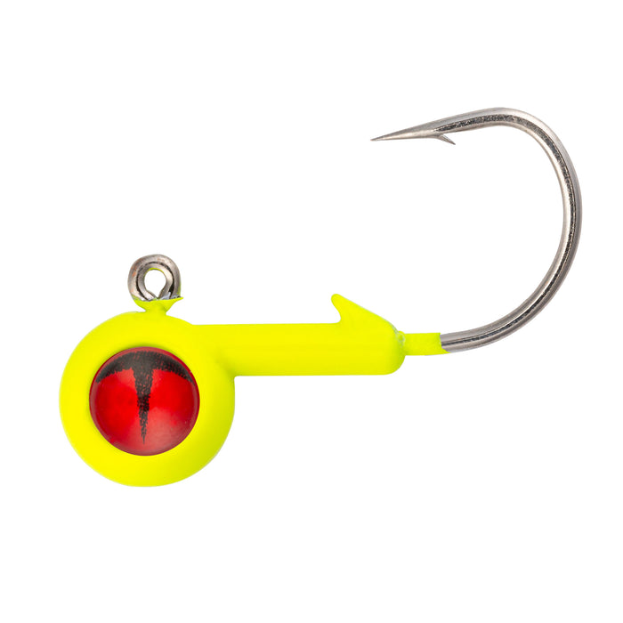 Northland Tungsten Short Shank Jig featuring a bright yellow body with a red and black eye detail, sharp silver hook, designed for fishing tackle and lures.