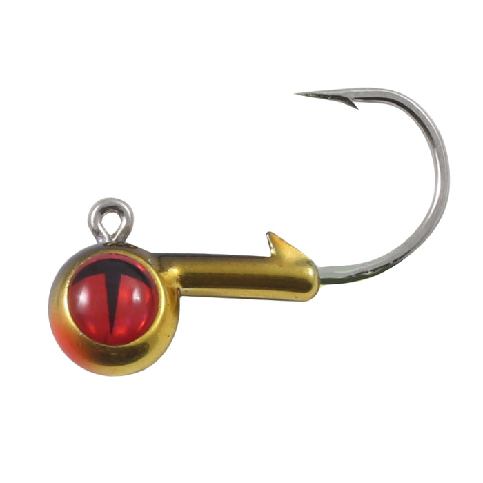 Northland Tungsten Short Shank Jig featuring a metallic gold finish, red and black detailed eye, and a sharp fishhook designed for effective fishing tackle use.