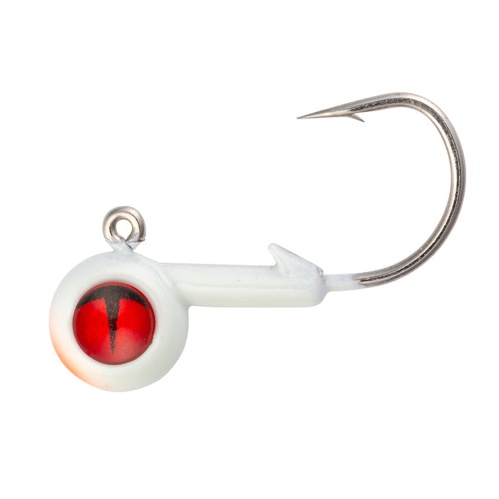 Northland Tungsten Short Shank Jig featuring a white tungsten head with a red and black eye detail and a sharp, short shank fishing hook for musky and ice fishing tackle.
