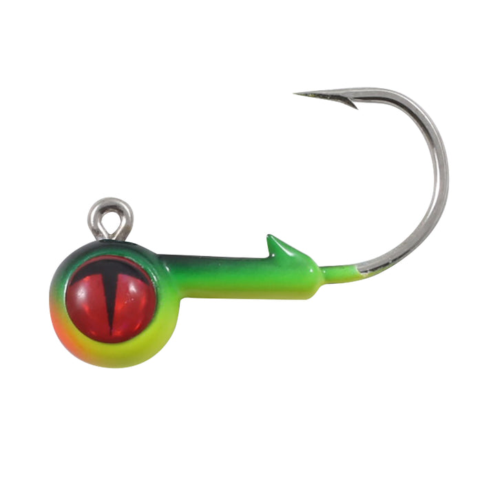 Northland Tungsten Short Shank Jig fishing lure with a vibrant green and yellow body and a red eye design, featuring a sharp silver hook for musky and ice fishing tackle.