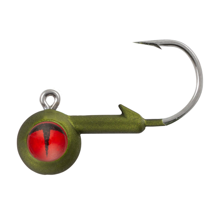 Northland Tungsten Short Shank Jig in olive green with a red and black eye detail, featuring a sharp, curved metal hook designed for fishing tackle use.