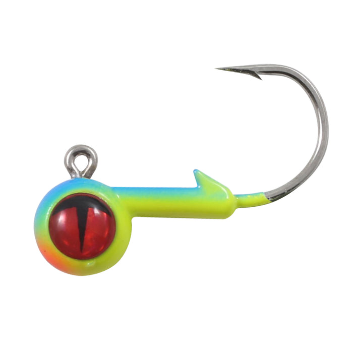 Northland Tungsten Short Shank Jig with a colorful yellow and blue body, red eye detail, and sharp metal hook designed for fishing tackle use.