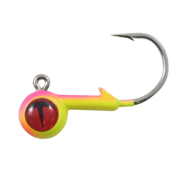 Northland Tungsten Short Shank Jig fishing lure with a bright yellow and pink body and a realistic red and black eye, designed for effective fishing tackle use.