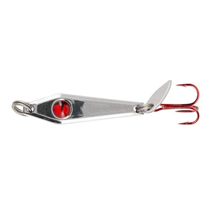 Northland Tungsten Slim Spoon fishing lure with a sleek silver body, red eye detail, and a sharp red treble hook designed for effective fishing tackle use.