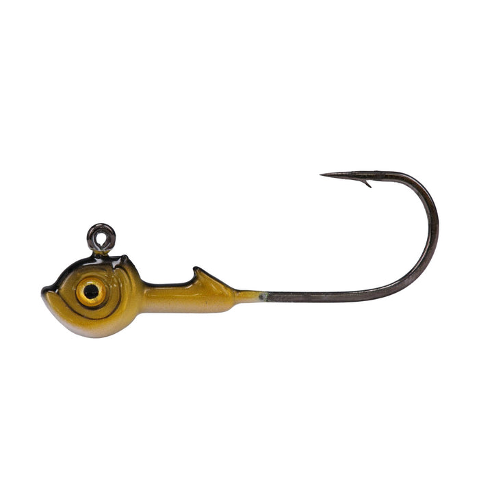 Northland Tungsten Smeltinator Jig fishing lure with a detailed yellow and brown fish head design and sharp curved hook, ideal for fishing tackle use.
