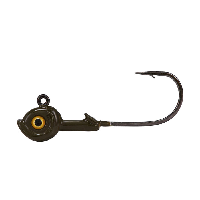 Northland Tungsten Smeltinator Jig featuring a dark olive fish-shaped head with a realistic yellow and black eye, attached to a sharp curved fishing hook ideal for fishing tackle use.