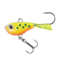 Yellow and orange soft fishing lure with green spots and two metal hooks, designed as the Northland Twitchin' Puppet for fishing tackle enthusiasts.