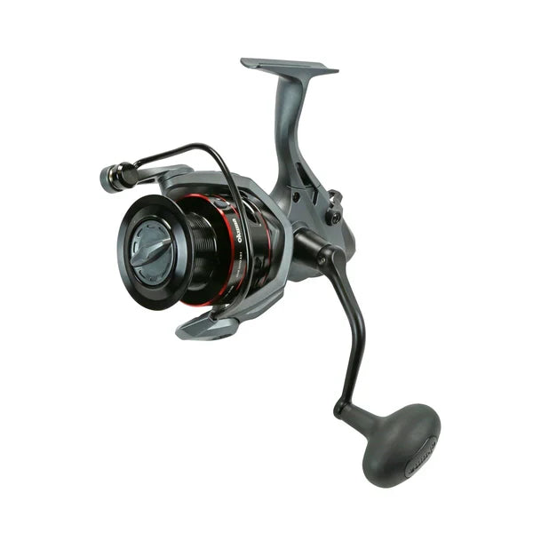 Okuma Ceymar A - Baitfeeder spinning reel in black and gray with red accents, designed for fishing rods and reels, featuring ergonomic handle and smooth line spool for efficient fishing tackle use.