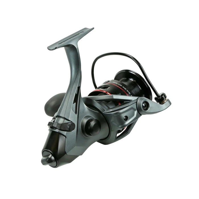 Okuma Ceymar A - Baitfeeder spinning reel in black with red accents, featuring ergonomic handle and durable construction for smooth fishing tackle performance.
