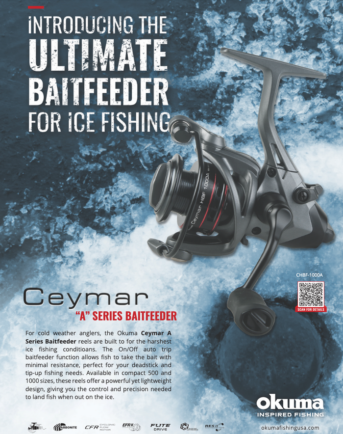 Okuma Ceymar A - Baitfeeder spinning reel designed for ice fishing with lightweight, durable construction and an auto trip baitfeeder for precise control in cold weather.