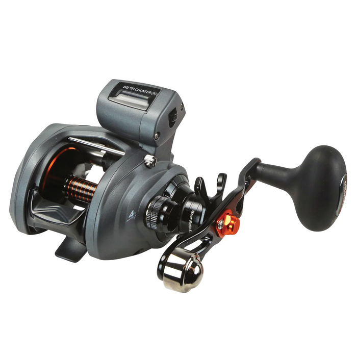 Okuma Coldwater "A" Linecounter (Low-Profile) fishing reel with built-in line counter, ergonomic handle, and durable construction designed for precision fishing and ease of use.