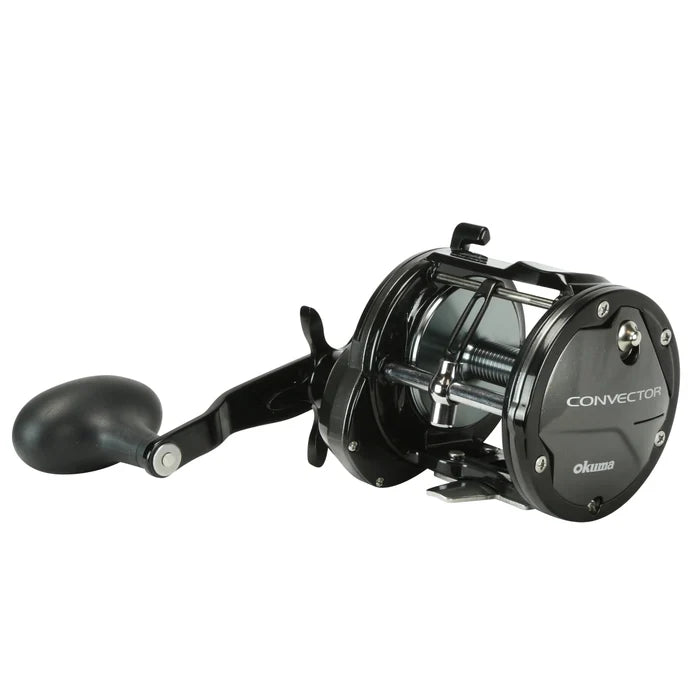 Okuma Convector "B" Level Wind Conventional Reel in black with ergonomic handle, designed for smooth fishing tackle performance and durability.